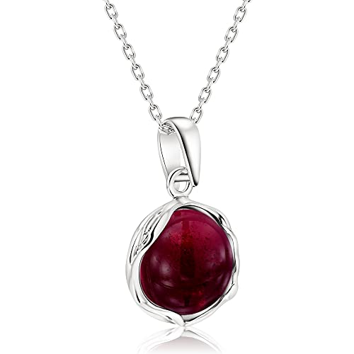 Red Garnet Necklace for Women- 12mm Round Germstone Garnet Pendant - 925 Sterling Silver Cable Chain 45cm - January Birthstone - Garnet Necklace Silver - Perfect for Classy Gift and Everyday Wear