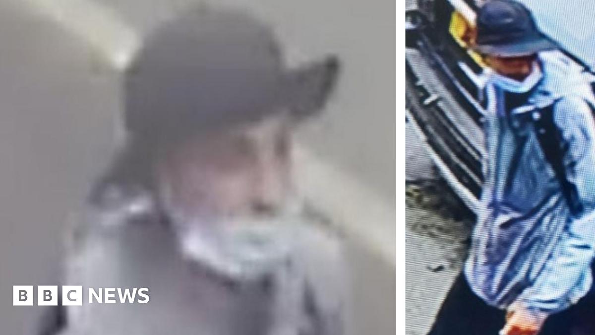 A composite of two grainy CCTV pictures showing a male in a light jacket and hat with a brim. His facial features are not clear, and he appears to have a surgical mask over his mouth.
