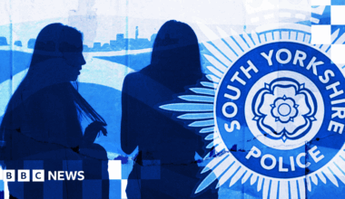 Designed image, tinted blue, showing the South Yorkshire Police logo on the right, and silhouettes of teenage girls with long hair. At the top is a mural showing a Rotherham hillside.