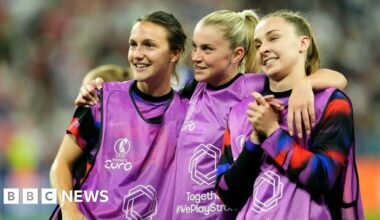 England's Lotte Wubben-Moy (left), Alessia Russo and Niamh Charles (right) celebrating