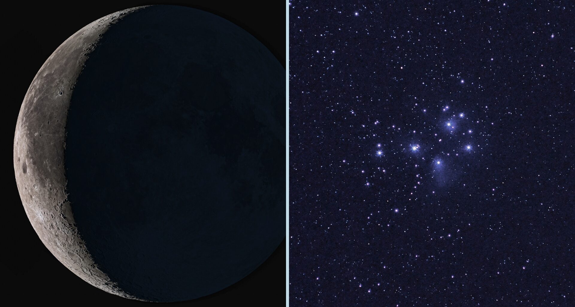 Two images next to each other, one of a close up of the moon (on the left) and on the right a cluster of stars in the night sky