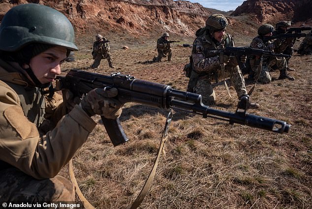 The war between Russia and Ukraine has now stretched well into its third year. Pictured: Ukrainian soldiers conduct combat drills in March 2024