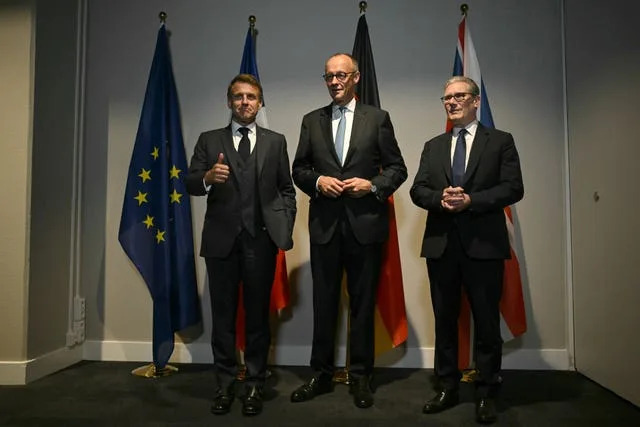 French President Emmanuel Macron, Germany’s Chancellor Friedrich Merz and Prime Minister Sir Keir Starmer 