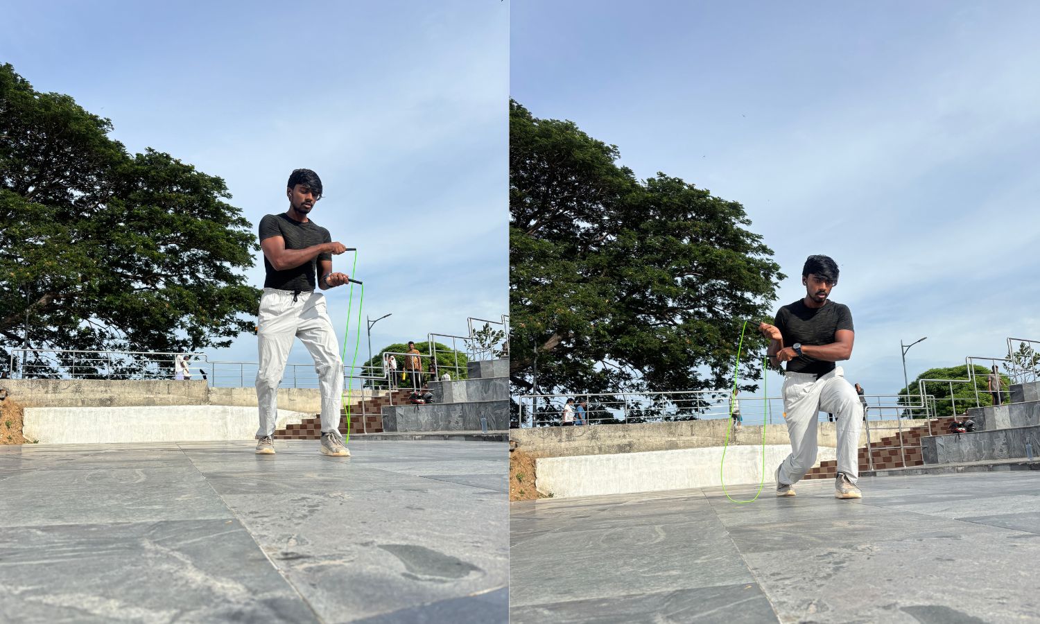 L to R: Southpaw swing jump, Side swing lunges jump 