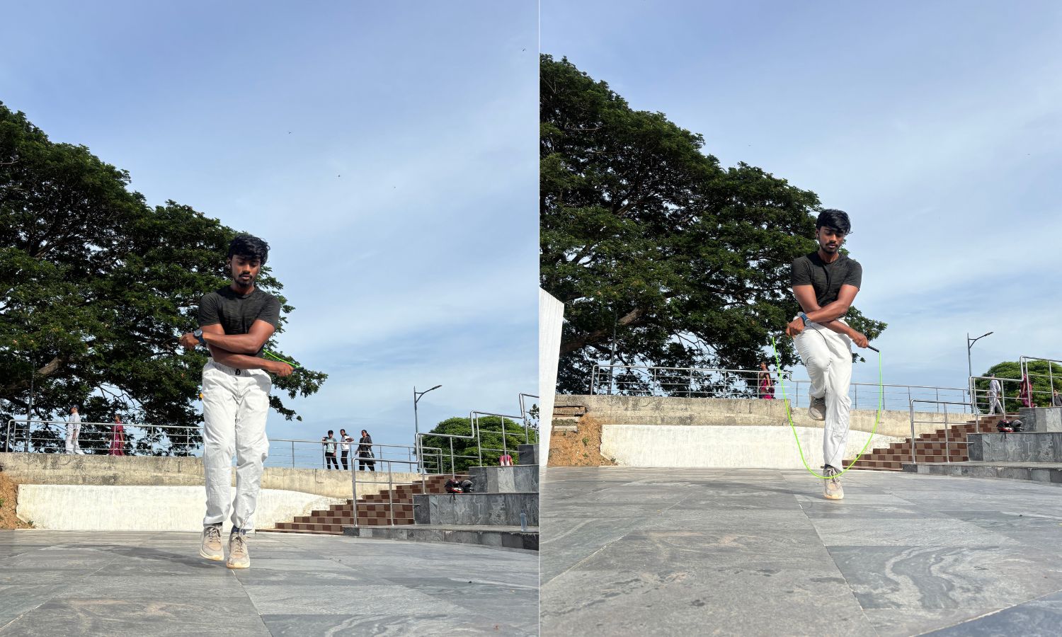 L to R: Aravind practising criss cross jump, criss cross with high knees