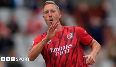 Luke Wood celebrates a wicket