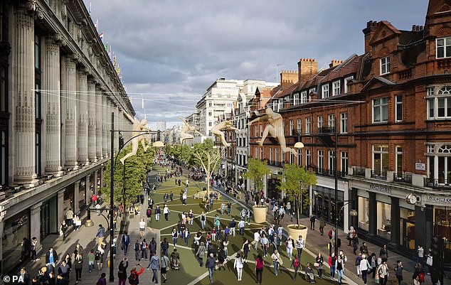 A previous attempt to pedestrianise Oxford Street was thwarted by the Conservatives. Pictured: A 2017 visualisation of what the shopping street could look like if cars were prohibited