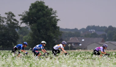 LIEGE, BELGIUM - AUGUST 14: (L-R) Loes Adegeest of The Netherlands and Team FDJ - SUEZ, Sarah Gigante of Australia and AG Insurance - Soudal Team, Usoa Ostolaza of Spain and Team Laboral Kutxa - Fundacion Euskadi and Ane Santesteban of Spain and Team Laboral Kutxa - Fundacion Euskadi compete during the 3rd Tour de France Femmes 2024, Stage 4 a 122.7km stage from Valkenburg to Liege / #UCIWWT / on August 14, 2024 in Liege, Belgium. (Photo by Dario Belingheri/Getty Images)