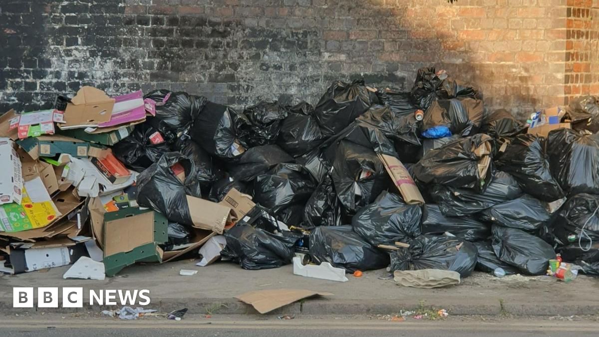 Piles of black bin bags, cardboard and other litter against a dark wall near a kerbside. There are about 30 bin bags in the picture.