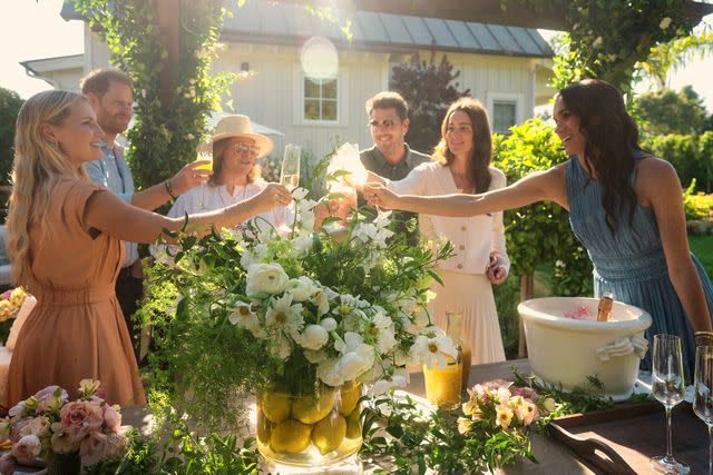 Jake Rosenberg/Netflix Heather Dorak, Prince Harry, Genevieve Hillis, Julian Zafjen, Kelly Zafjen, and Meghan Markle in 'With Love, Meghan'