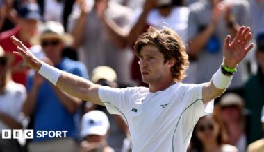 Andrey Rublev celebrates victory in round three at Wimbledon