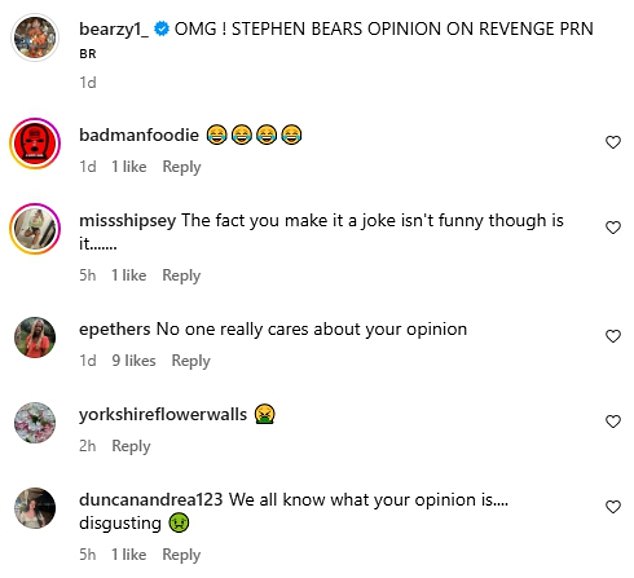 He continued: 'So my opinion on revenge porn...' before launching into a pretend mimed rant but not speaking aloud, leaving his followers disgusted