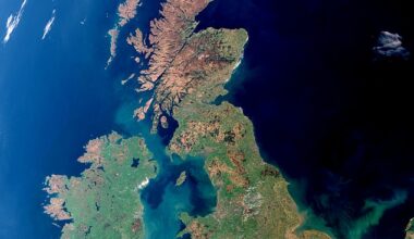 The incredibly rare photograph shows a completely cloud-free sky above the British Isles. It reflects a period of extended sunshine and exceptionally dry weather