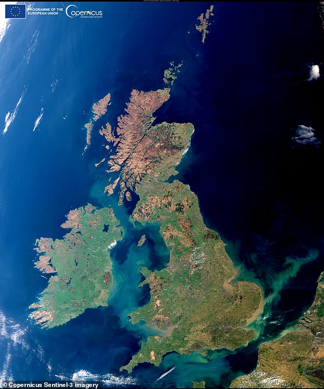 The incredibly rare photograph shows a completely cloud-free sky above the British Isles. It reflects a period of extended sunshine and exceptionally dry weather