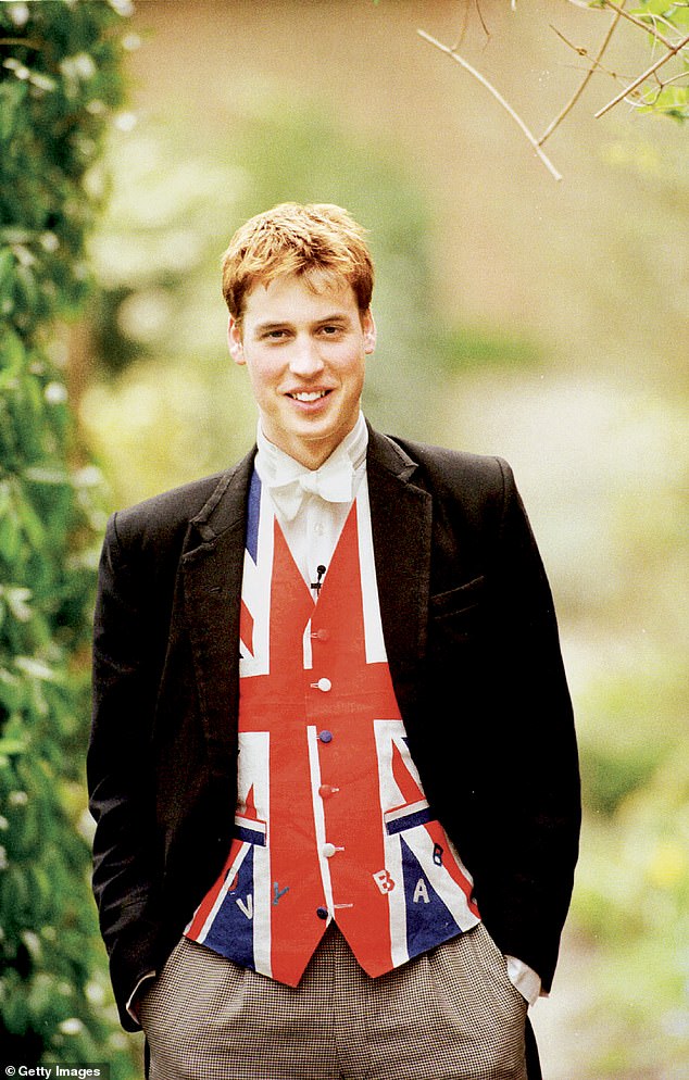 Pictured: William wore a Union Jack vest emblazoned with the words 'Groovy Baby,' at Eton College to commemorate his 18th birthday