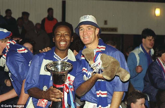 Mark Walters and Richard Gough celebrate after helping Rangers win the League Cup in 1990
