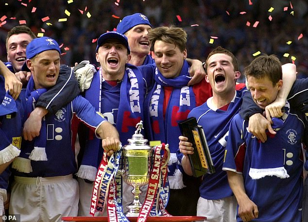 Stefan Klos and his Rangers team-mates celebrate after winning the 2002 Scottish Cup