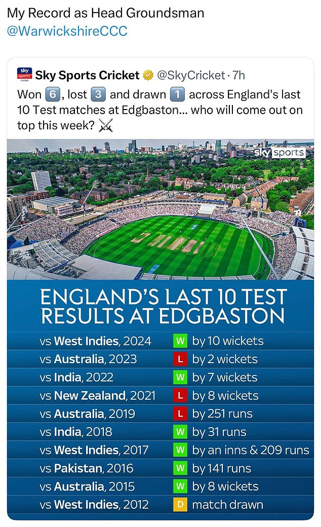 Edgbaston groundsman Gary Barwell has been keen to make his record of producing results known this week
