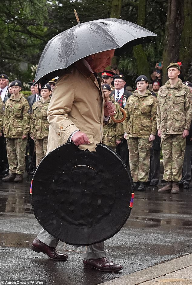 During the visit on Wednesday, Charles laid a wreath at Kirkcaldy War Memorial, as part of his trip to Scotland for Holyrood Week