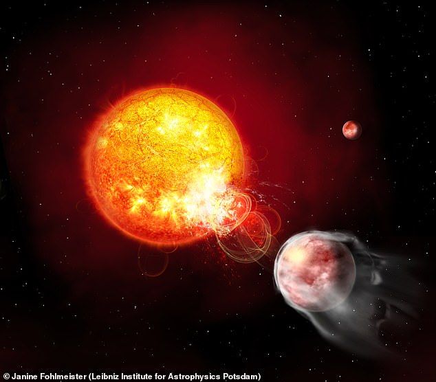 Scientists have been baffled to discover a 'clingy' exoplanet that is ensuring its own doom by orbiting too close to its host star (artist's impression)