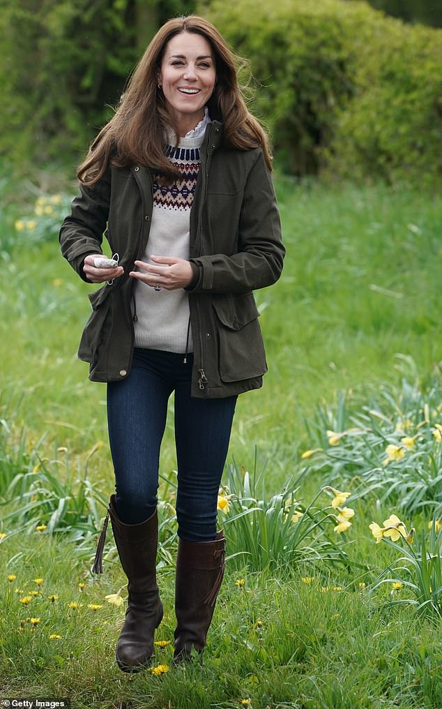 Kate has frequently worn Troy London's olive green Tracker Utility Jacket and the Brora x Troy London Fair Isle Sweater (pictured in 2021)