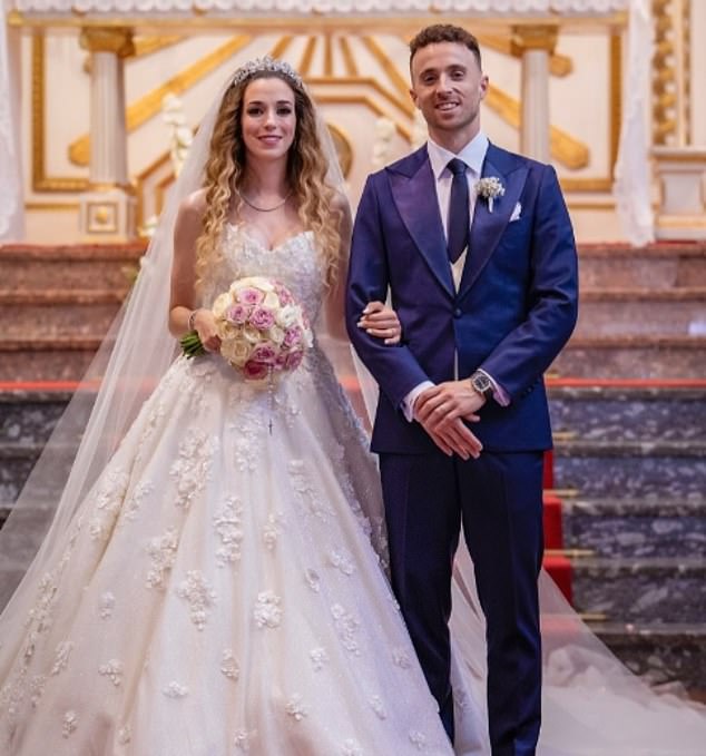Jota's wake will take place this evening after his tragic death at the age of 28 (pictured: Jota alongside his wife Rute Cardoso after their wedding just a fortnight ago)