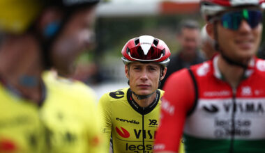 Team Visma-Lease a Bike's Danish rider Jonas Vingegaard reacts prior to the start of the 1st stage of the 77th edition of the Criterium du Dauphine cycling race, 195,8 km between Domérat and Montlucon, on June 8, 2025. (Photo by Anne-Christine POUJOULAT / AFP) (Photo by ANNE-CHRISTINE POUJOULAT/AFP via Getty Images)
