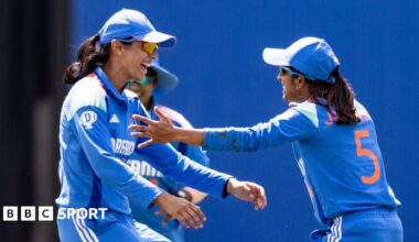 Jemimah Rodrigues of India (right) celebrates with team mates after taking a catch to dismiss Nat Sciver-Brunt of England during the 1st Women's ODI between England and India at Utilita Bowl