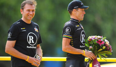 Cycling: 97th Tour de France 2010 / Stage 20Podium / ARMSTRONG Lance (USA)/ Johan BRUYNEEL (Bel) Sportsdirector Team Radioshack (Usa)/ Longjumeau - Paris Champs-Elysees (102,5 Km)/ Ronde van Frankrijk / TDF / Rit Etape / (c)Tim De Waele