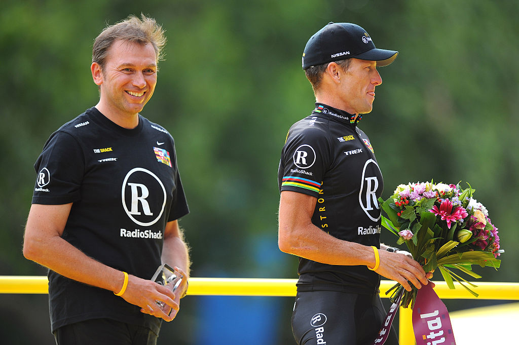 Cycling: 97th Tour de France 2010 / Stage 20Podium / ARMSTRONG Lance (USA)/ Johan BRUYNEEL (Bel) Sportsdirector Team Radioshack (Usa)/ Longjumeau - Paris Champs-Elysees (102,5 Km)/ Ronde van Frankrijk / TDF / Rit Etape / (c)Tim De Waele