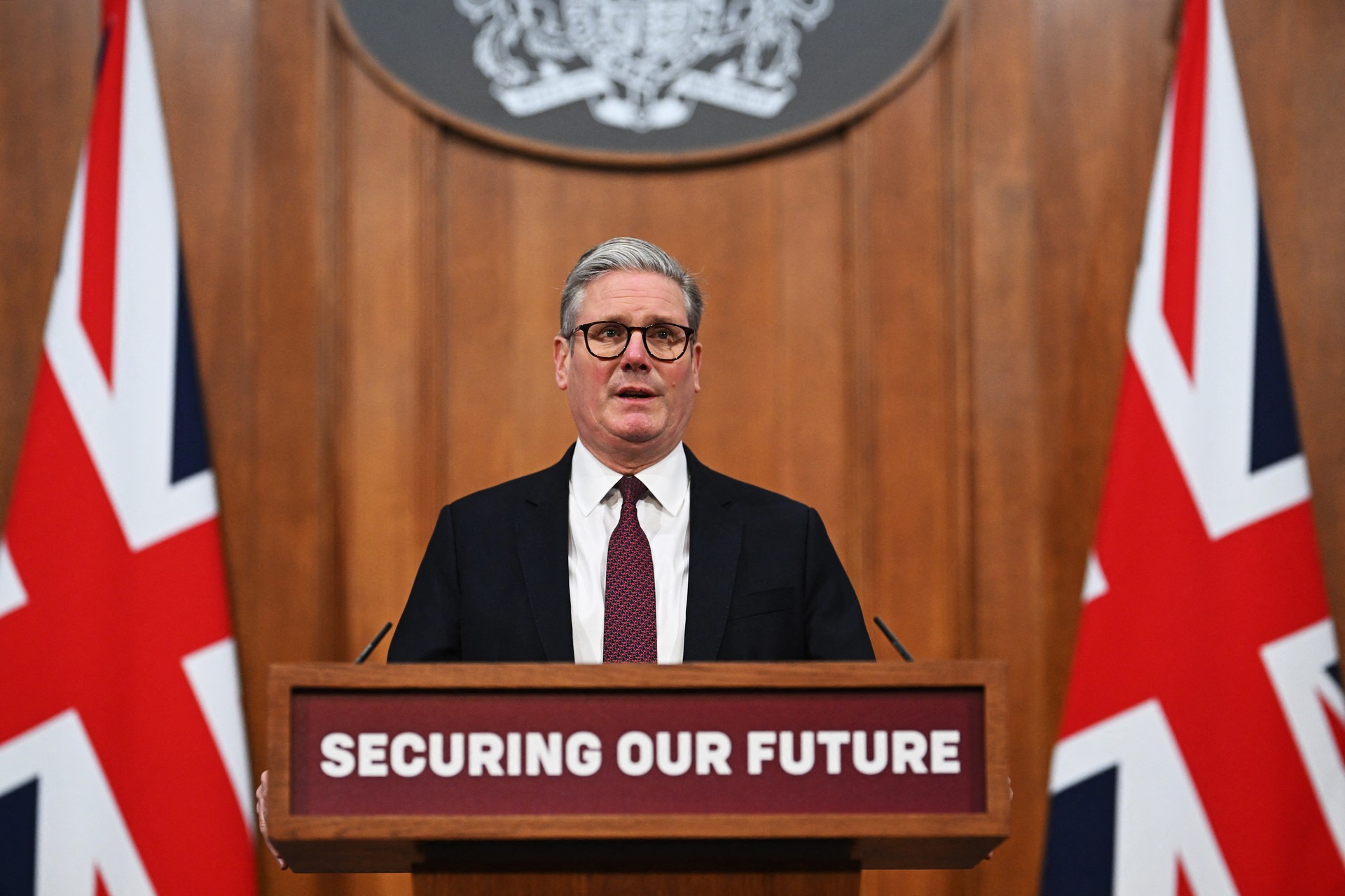 Britain's Prime Minister Keir Starmer holds a press conference in the Downing Street Briefing Room after hosting virtual meeting with international leaders to discuss support for Ukraine, in central London on March 15, 2025 (AFP Photo)