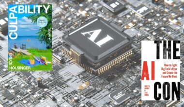An image of the words AI printed in a sprawling city of chips with the book covers of culpability and The AI Con