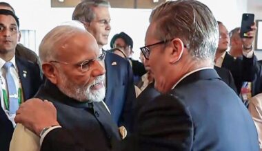 Prime Minister Narendra Modi in conversation with Prime Minister of the United Kingdom, Keir Starmer