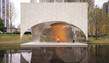 atelier xi unveils public art center as a landscape of four travertine pavilions in china