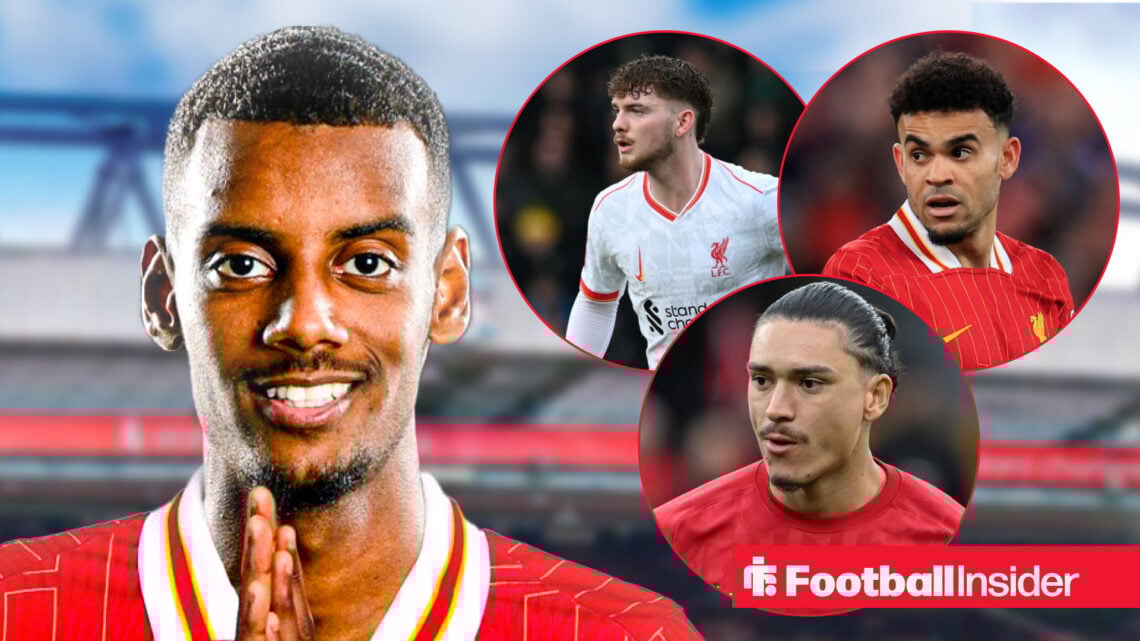 Harvey Elliott, Darwin Nunez and Luis Diaz look at Alexander Isak in Liverpool kit