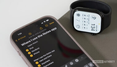 An Apple Watch rests next to an iPhone displaying the Notes app.
