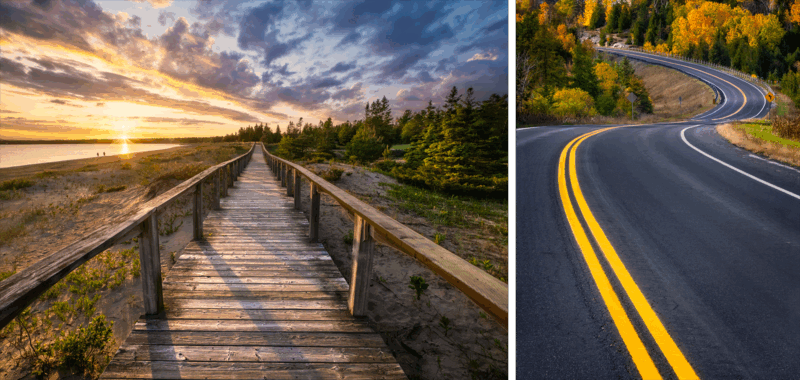 A wooden boardwalk leads to a beach at sunset on the left, while a curving road winds through a forest with autumn foliage on the right.