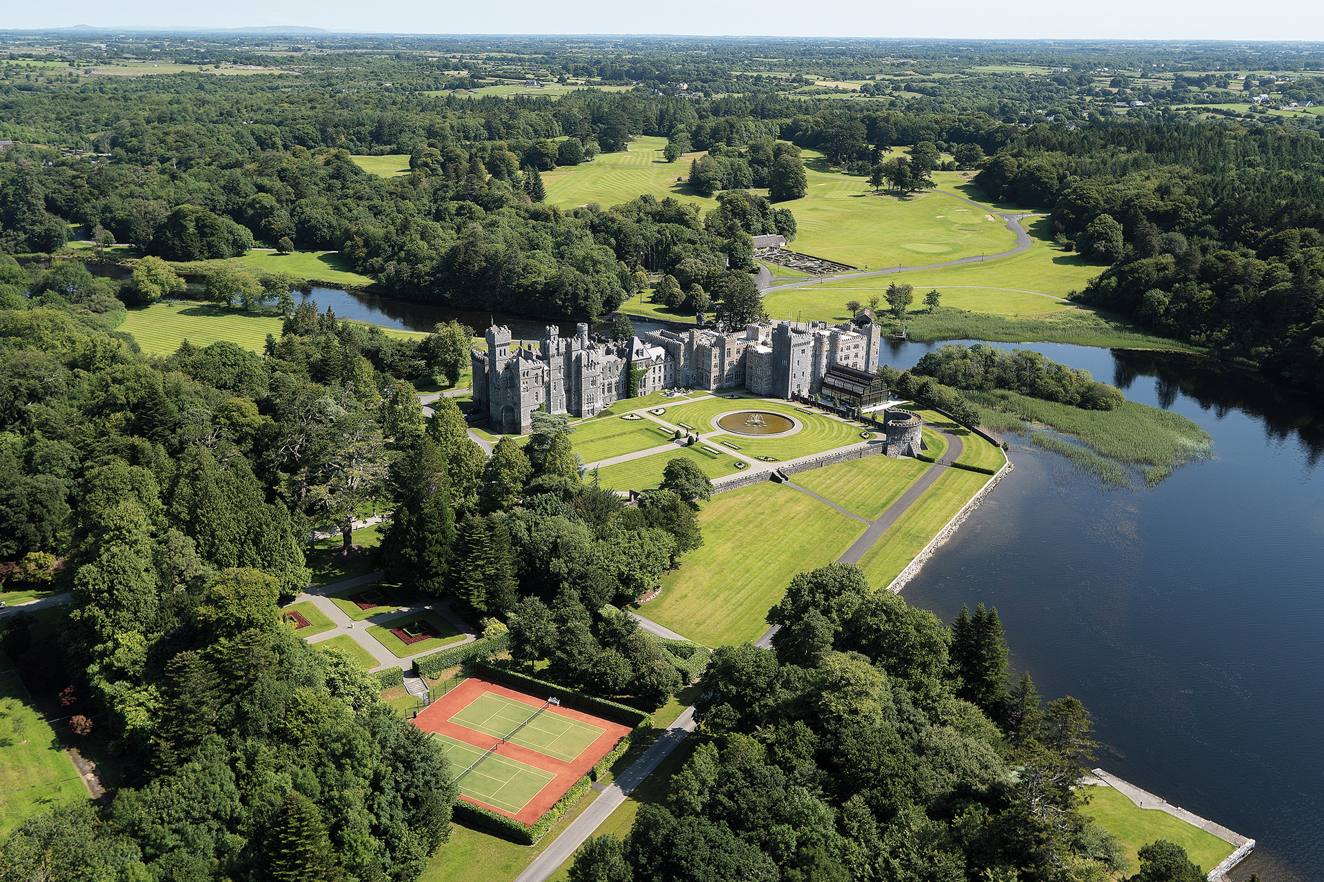 Aerial shot of Ashford Castle