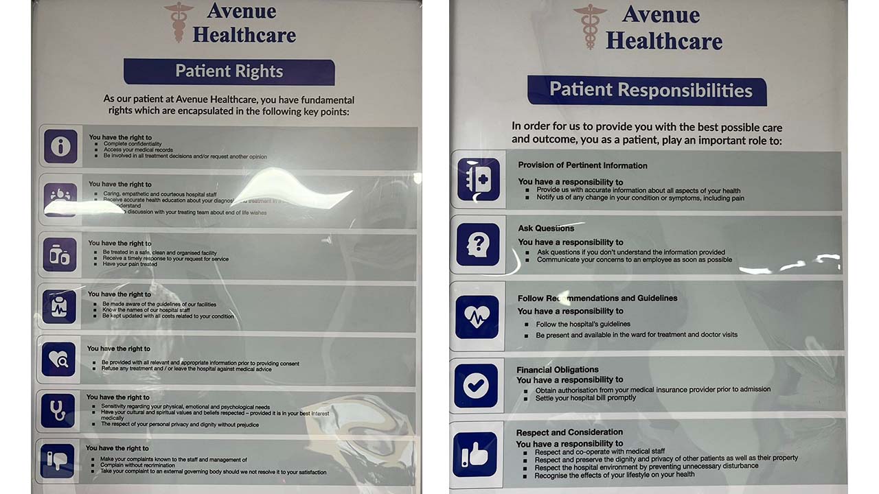 Photos of two different text signs with the Avenue Group logo at the top, one a notice about patients' rights and the other about patients' responsibilities.