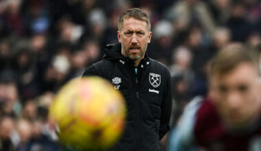 West Ham United's English head coach Graham Potter reacts during the English Premier League football match between West Ham United and Brentford at the London Stadium, in London on February 15, 2025.