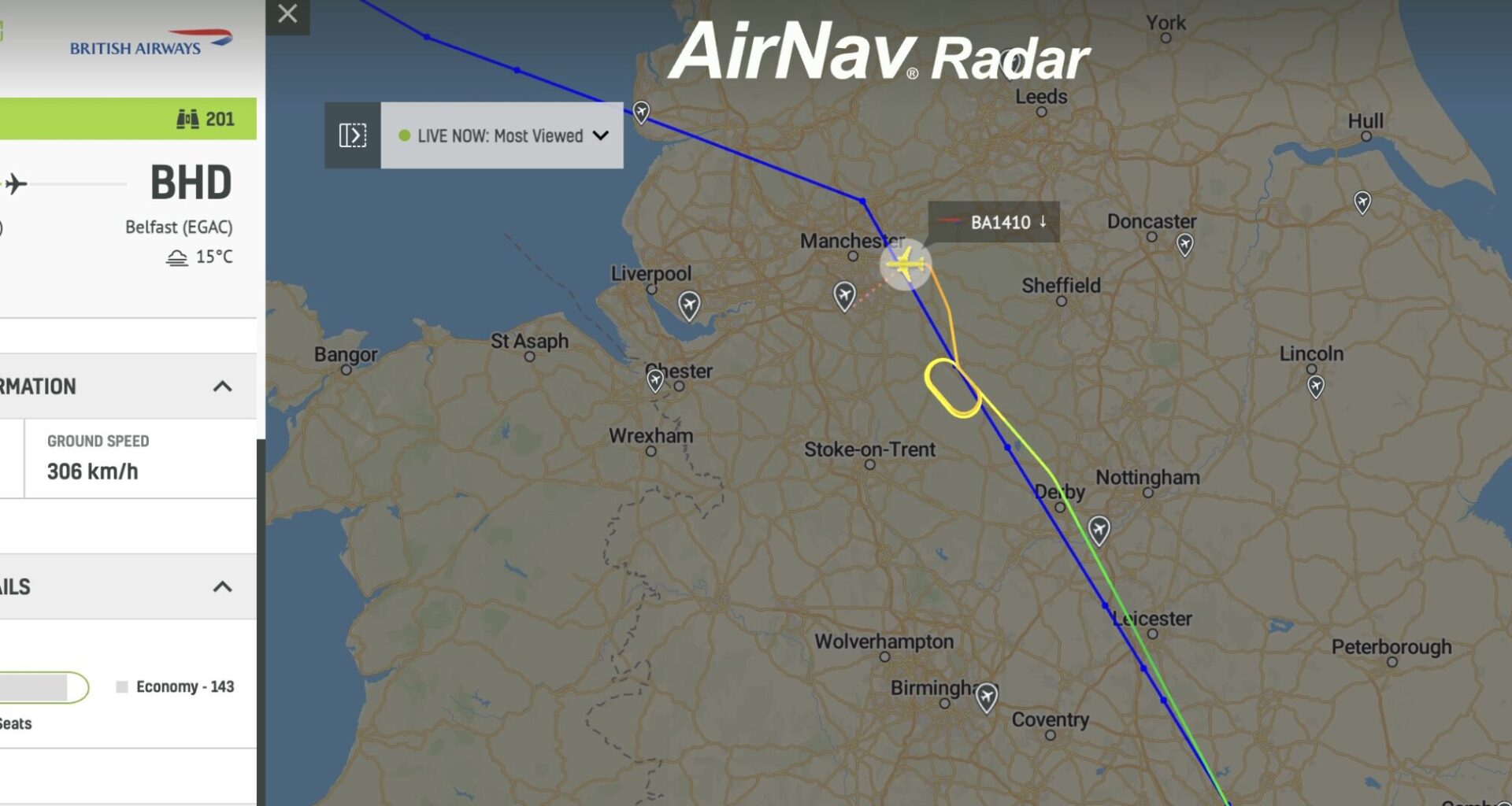 British Airways flight BA1410 is declaring an emergency and diverting to Manchester