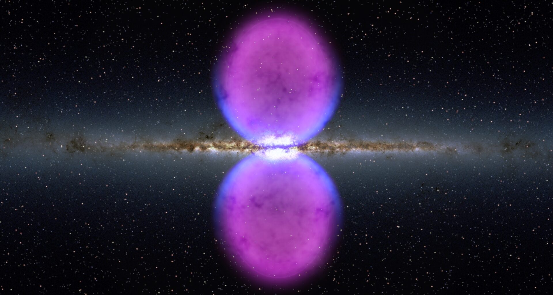 a symmetrically-mirrored image of two purple glowing orbs in starry outer space