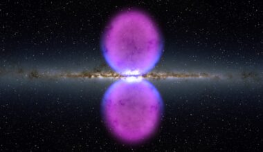 a symmetrically-mirrored image of two purple glowing orbs in starry outer space