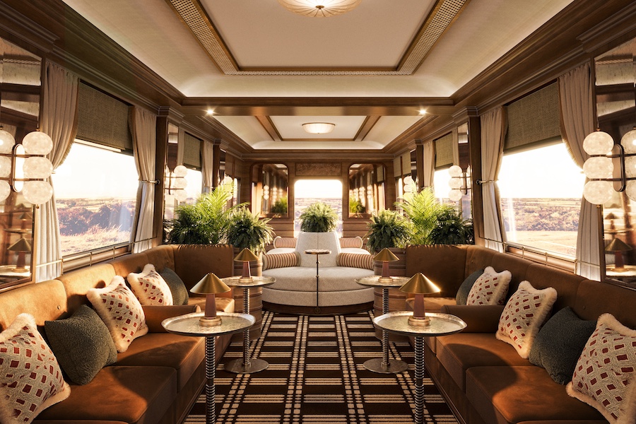 Britannic Explorer a Belmond Train UK luxury rail england wales interior car seating area brown sofa