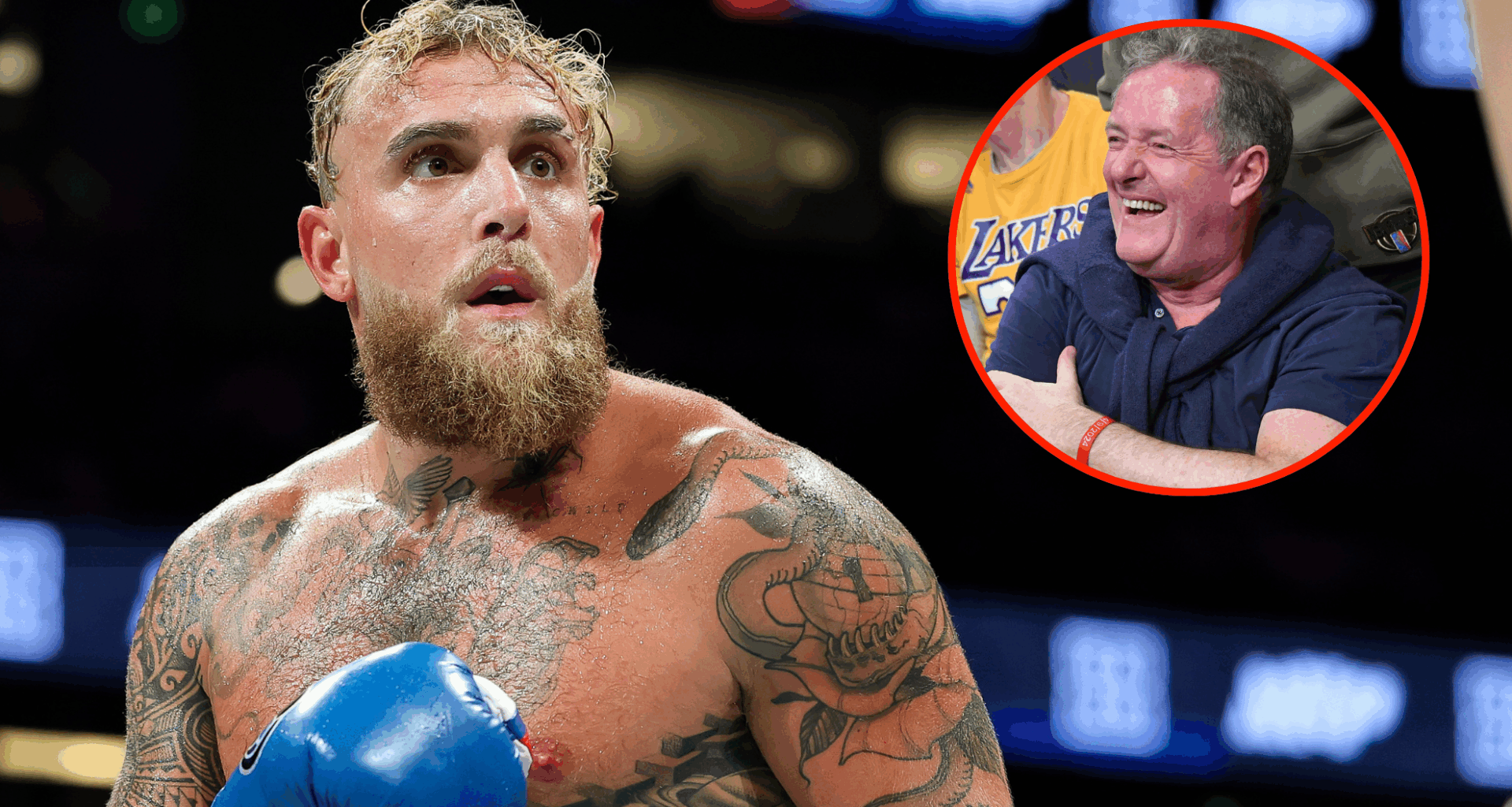 Jake Paul boxes Julio Cesar Chavez Jr., inset Piers Morgan at a Los Angeles Lakers NBA basketball game