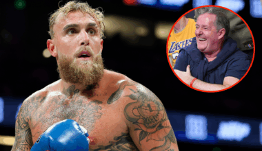 Jake Paul boxes Julio Cesar Chavez Jr., inset Piers Morgan at a Los Angeles Lakers NBA basketball game