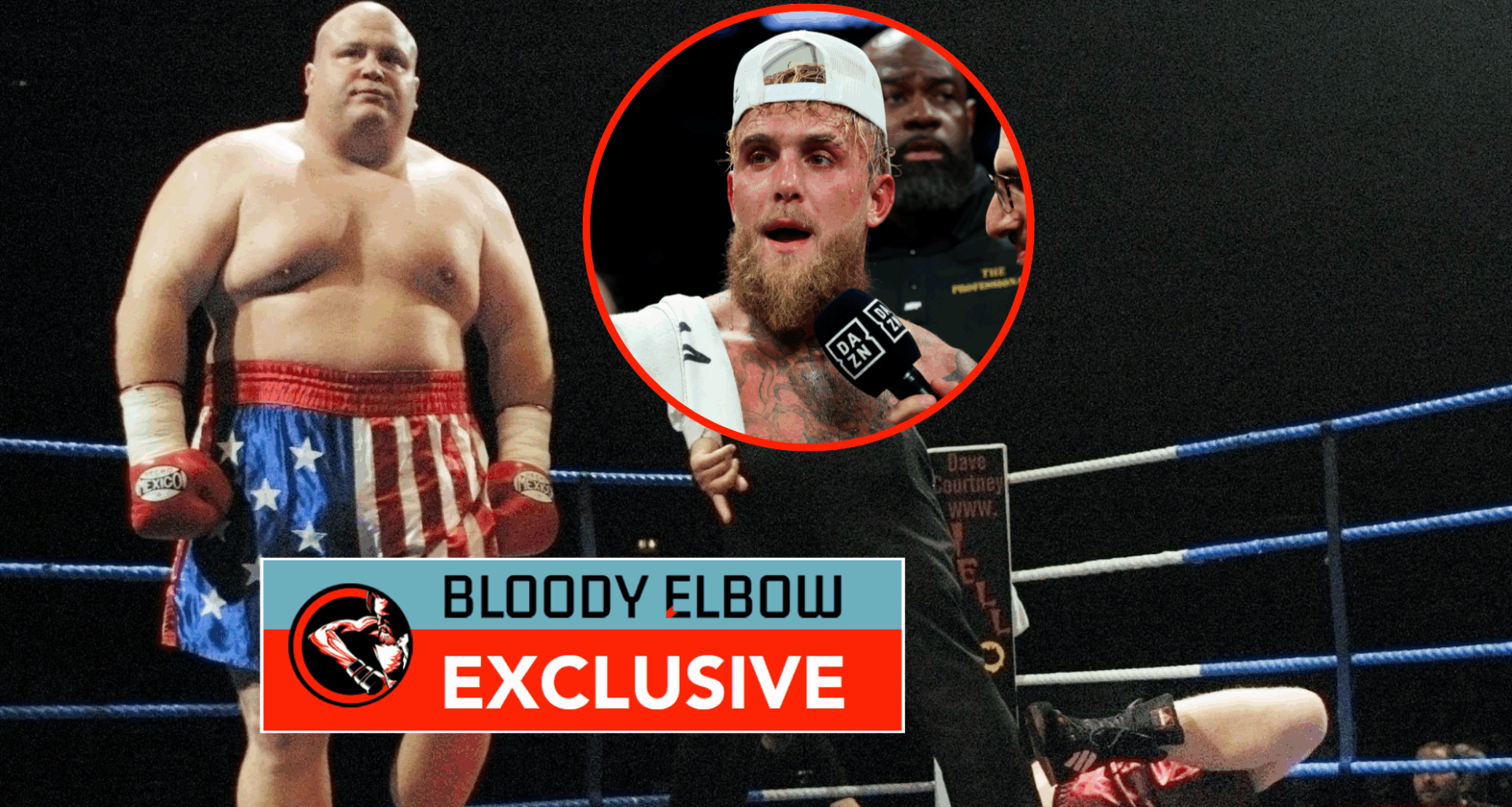 Main photo shows Eric 'Butterbean' Esch walking away from a knocked out opponent. Bubble shows Jake Paul talking into a DAZN microphone after a fig...