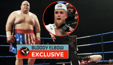 Main photo shows Eric 'Butterbean' Esch walking away from a knocked out opponent. Bubble shows Jake Paul talking into a DAZN microphone after a fig...