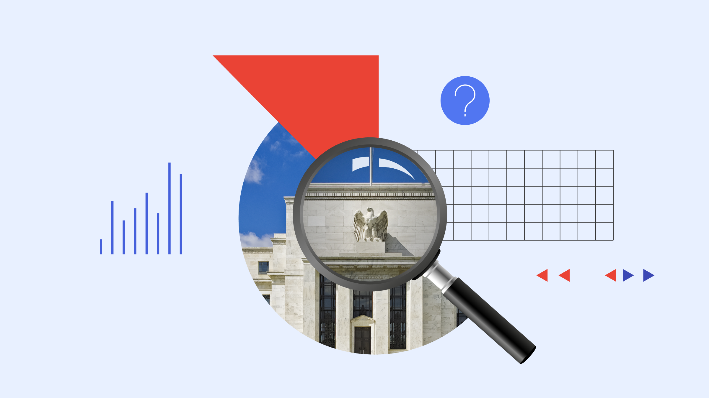 Collage illustration featuring the Federal Reserve under a magnifying glass with graph elements in the background.