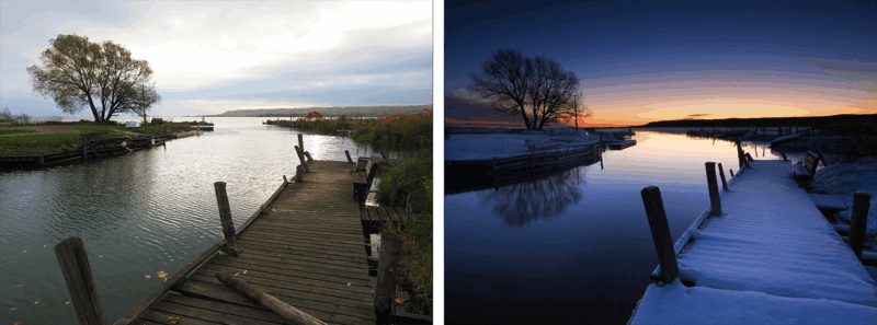 Split image of a wooden dock extending over calm water: on the left, daytime with green foliage; on the right, dusk or dawn with snow covering the dock and a colorful sky.